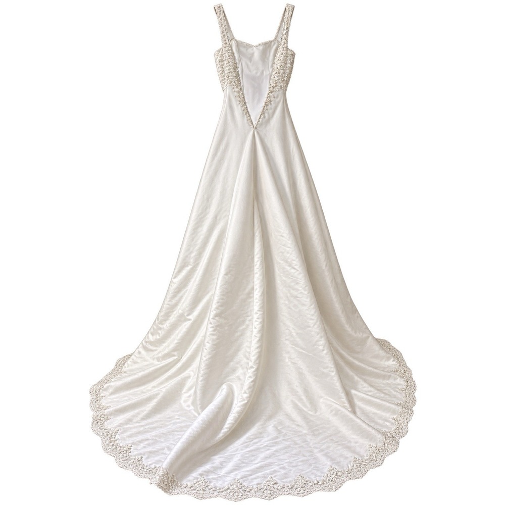Vintage Wedding Gown Size 6 Ivory Satin Beaded Pearl Lace Long Train Bridal